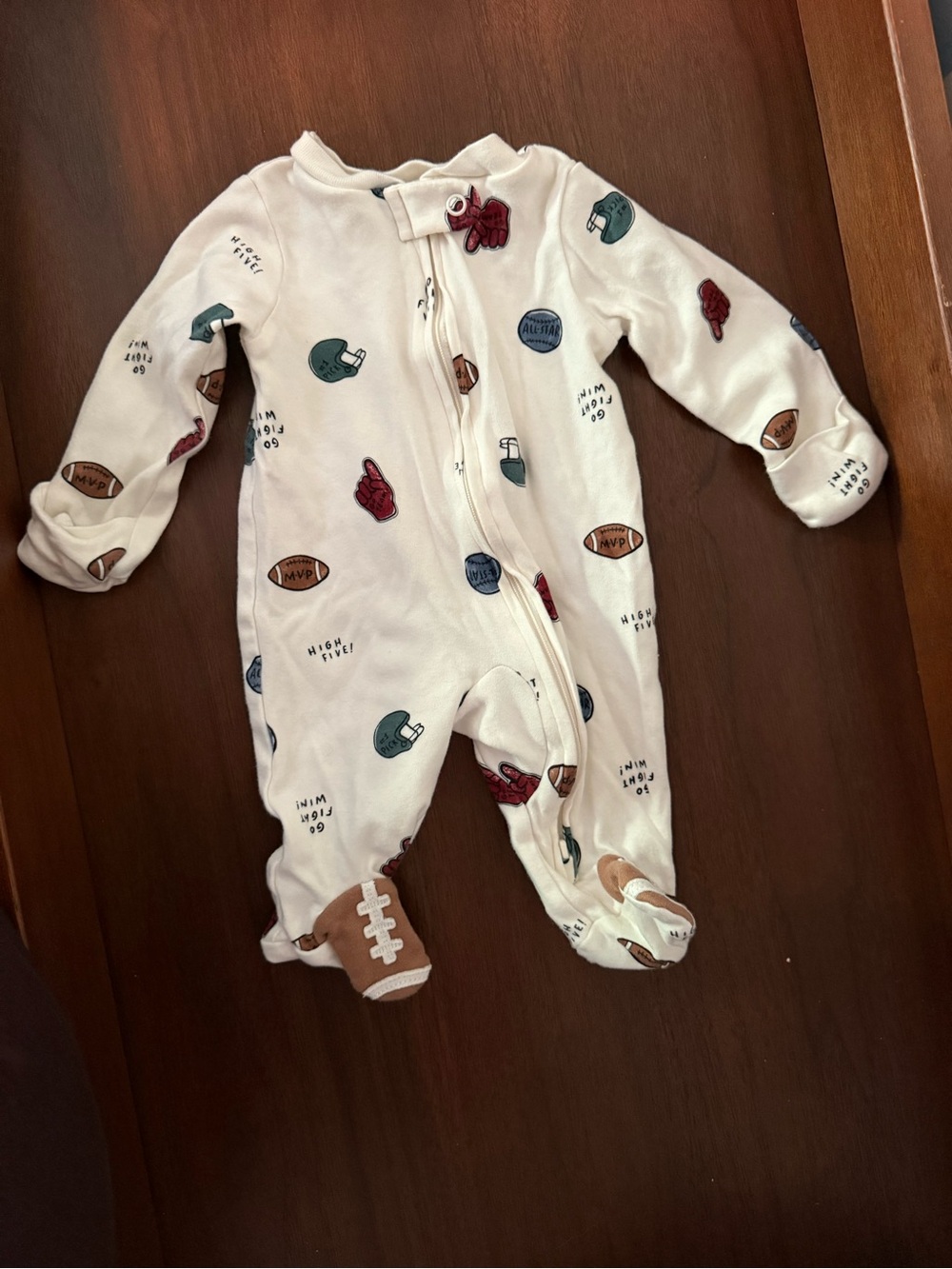 Carter's Cream Football Print Footed One-Piece